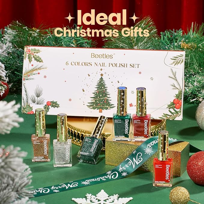Beetles Christmas Nail Polish, 6 Colors Quick Dry Nail Polish Glossy Glitter 7.5ml /0.25 Fl Oz Red Green Gold Silver for Christmas Nail Art Manicure DIY at Home Gifts for Women