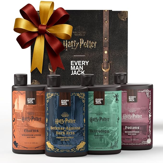Every Man Jack Harry Potter Collectors Body Wash Gift Set - Includes 4 Body Washes with Clean Ingredients & Hogwarts Inspired Scents - Forbidden Forest, Charms, Herbology, Potions