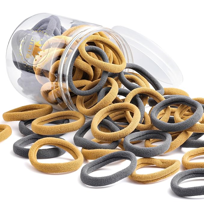 50Pcs Hair Ties for Women Girls,Cotton Seamless Hair Ties, Soft Ponytail Holders,No Crease No Damage Elastics Hair Bands with Box for Thick Heavy and Curly Hair (Camel+Grey)