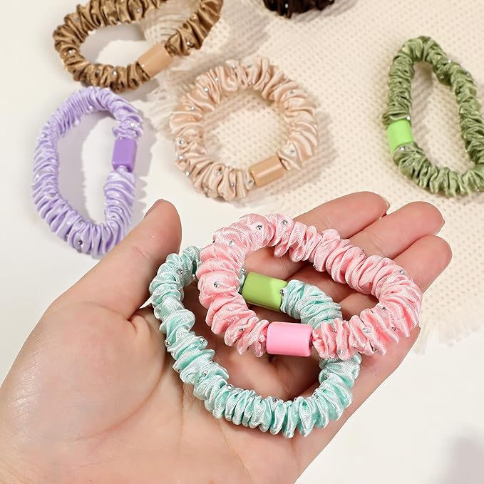 Scrunchies Silk Satin Hair Ties - Small Mini Thin Elestics Ponytail Holder Hair Bands Skinny Scrunchy For Thick Curl Hair No Crease Hair Ties Soft Accessories No Hurt Your Hair for Women and Girls