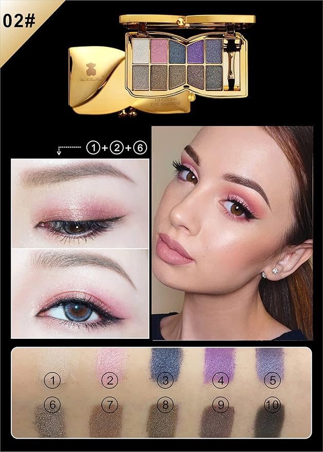 Glitter Eyeshadow Palette, 10 Colors Sparkle Shimmer & Matte Eye Shadow Highly Pigmented Waterproof Long Lasting Makeup Set (Color 2)