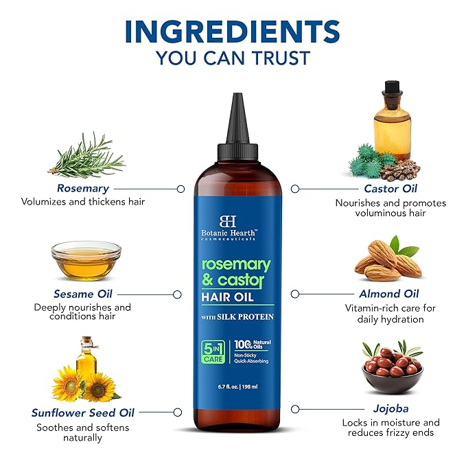 Botanic Hearth Hair Oil for Hair Growth | Strengthening Dry, Frizzy, Damaged Hair & Scalp Treatment | No Parabens or Harmful Sulfates | All Hair Types | Rosemary Castor Hair Oil - 6.7 Fl Oz