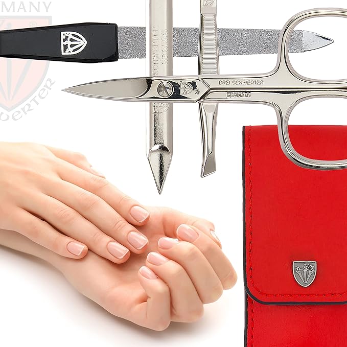 3 Swords Germany - brand quality 3 piece manicure pedicure grooming kit set for professional finger & toe nail care scissors tool genuine leather case in gift box, Made in Solingen Germany (02662)