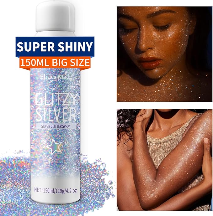 Hair Glitter Body Glitter Spray, 150ML Glitter Hairspray Holographic Silver Glitter Spray for Hair and Body, Hair Glitter for Kids Women, Body Shimmer Festival Makeup 4.2 Fl Oz