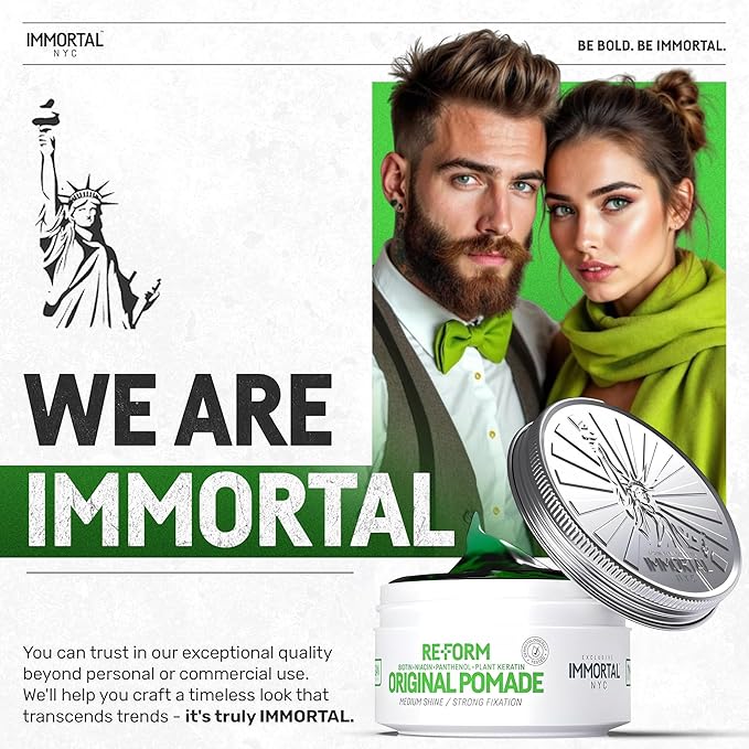 Immortal NYC Re-Form Original Pomade – Medium Shine & Strong Hold - Men's Water-Based Hair Balm - Vegan Styling Cream with Biotin, Keratin & Panthenol for All Hair Types