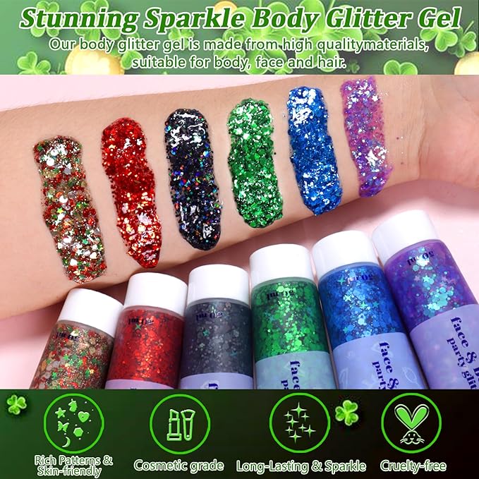 Boko 50ML Body Glitter Gel, Green St. Patrick's Day Chunky Glitter Gel for Face Hair Body Sparkle Makeup, Mermaid Face Glitter Sequins for St. Patrick's Day Concert Party Rave Accessories