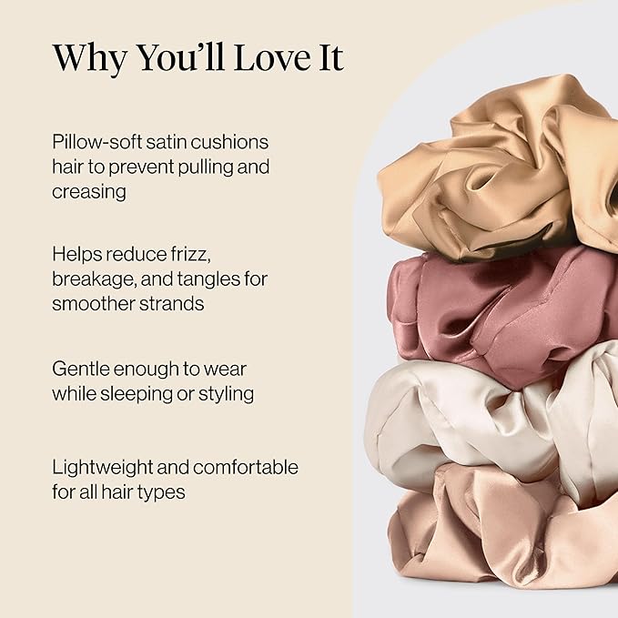 Kitsch Pillow Satin Scrunchies for Women - Hair Ties No Damage, No Crease Hair Accessories | Perfect for Day or Night | Ideal Gifts for Women - Blush, 4pcs
