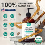 SYLVANA Organic Castor Oil with Pump (16oz Glass Bottle), USDA Certified Organic, Cold Pressed, Hexane Free, Vegan - 100% Pure Castor Oil for Hair Growth, Nourishing Skin, Lashes & Eyebrows