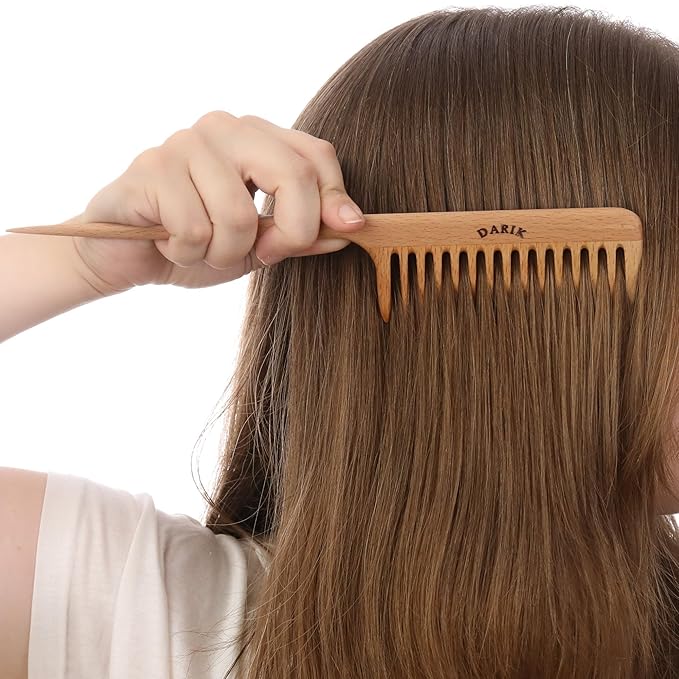Wide Tooth Wooden Comb Handmade - Natural Vintage Style Wide Tooth Comb for Curls Gentle Styling - Anti-Static Wood Hair Combs For Women Detangling (Wide Tooth Tail Comb)
