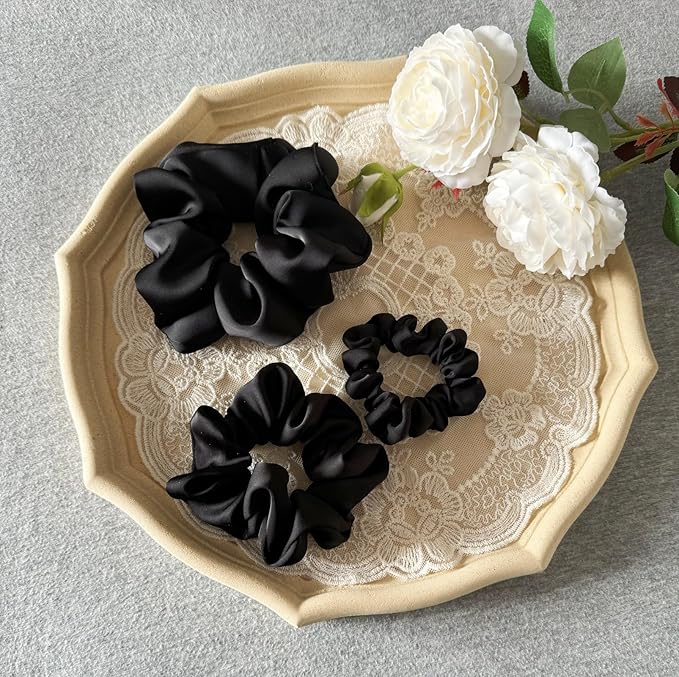 3 Pieces Satin Scrunchies Set for Hair No Crease Elastic Hair Ties for Women and Girls (Black)