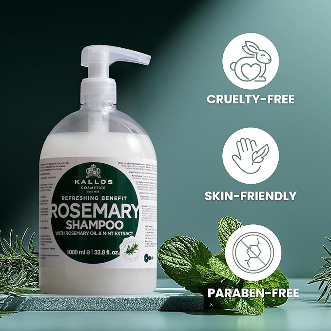 Kallos KJMN Rosemary Refreshing Shampoo with Rosemary, Peppermint, Provitamin B5 & Natural Oils – Pump 1000 ml – 33.81 Fl Oz