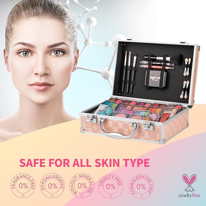 Hot Sugar Makeup Kit for Teenager Girls - Full Starter Cosmetics Set with Eye Shadow Lip Balm Blush Lip Gloss Brush Lip Pencil Eye Pencil and Mirror (Gold Check)