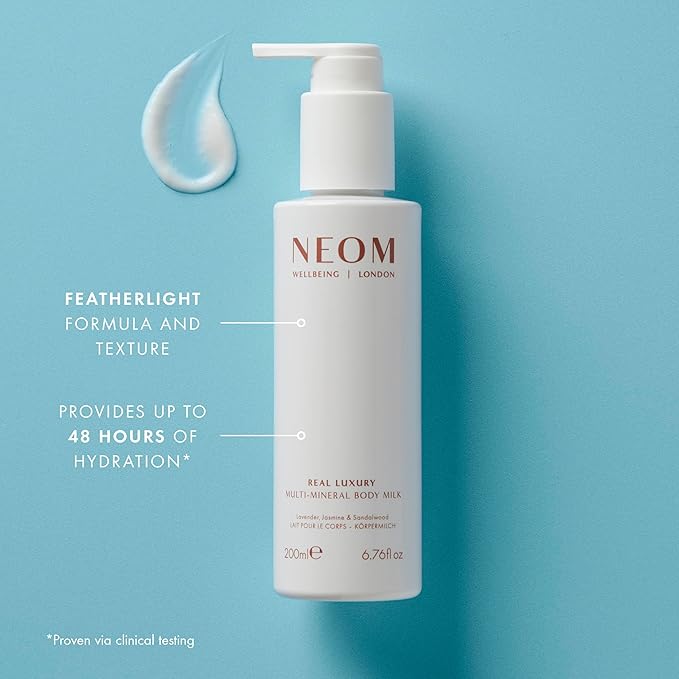 Neom- Multi-Mineral Body Milk 200ml (Lavender, Jasmine & Sandalwood) | Real Luxury | Magnesium, Rosehip Oil & Chia Seed Oil | Moisturise, Nourish & Replenish | Vegan