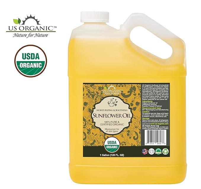 US Organic Sunflower Carrier Oil Bulk Pack, USDA Certified Organic,100% Pure & Natural, Expeller Pressed, for Massage, Aromatherapy or Small Manufacturing, 1 Gallon (128 Ounce)