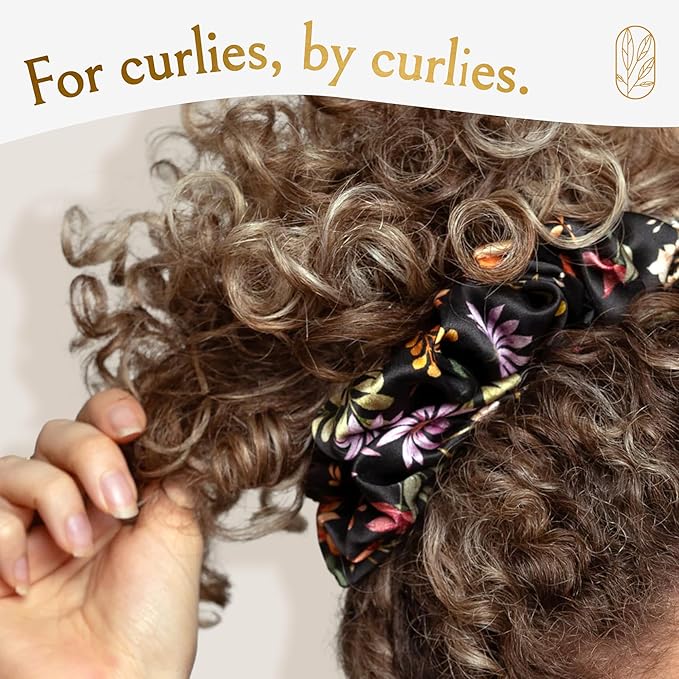 Silk Scrunchies Ponytail Holders – Oversized Mulberry Silk Scrunchies – Extra Large No Damage Hair Ties for Curly, Thick, and Thin - Hair Accessories for Women – Midnight Blooms, XL By Curlfriend