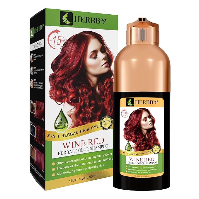 HERBBY Hair Color Shampoo for Gray Hair Coverage&Color Transform with 9 Herbal Extracts –Long Lasting(6-8 Weeks),Shiny,Evenly Colored,Instant Hair Dye Shampoo&Conditioner, 500 Ml (WINE RED COLOR)