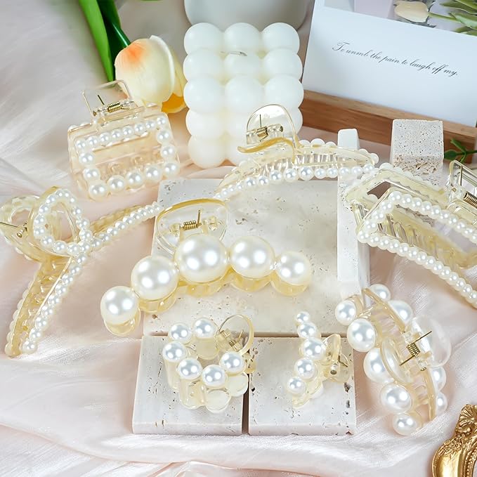 Pearl Hair Accessories for Women - 8PCS Claw Clips for Thick and Thin Hair, Barrettes for Styling and Weddings