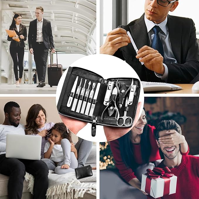 Manicure Kit, FAMILIFE Professional Manicure Set Nail Kit, 11 in 1 Stainless Steel Nail Clippers Set, with Portable Black Leather Travel Case Luxury Gifts for Him