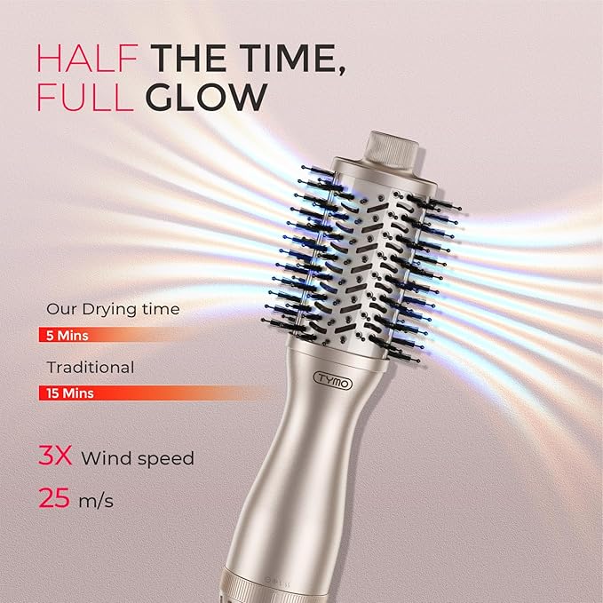 TYMO 2.0 Hair Blow Dryer Brush - Blowout Hot Air Brush, One Step Volumizer, Upgraded 2 Inch Barrel Roller Curling Styler, 3X Faster Drying, 0.6 lb Lightweight, Straightener Curling in One, Gold