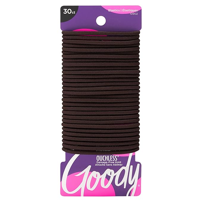 Goody Ouchless Hair Elastics – No Pull, No Breakage, Tangle-Free Hold for Thick, Curly, Coily & Textured Hair – 30 Count, Brown, Long-Lasting Ponytail Holders for Women & Men