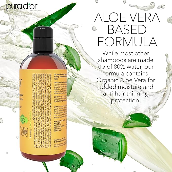 PURA D'OR 16 Oz MD Anti-Hair Thinning Maximum Defense Shampoo - 0.5% Coal Tar, Biotin, Proprietary Herbal Blend For Dry & Itchy Scalp, No Sulfates - For Men & Women