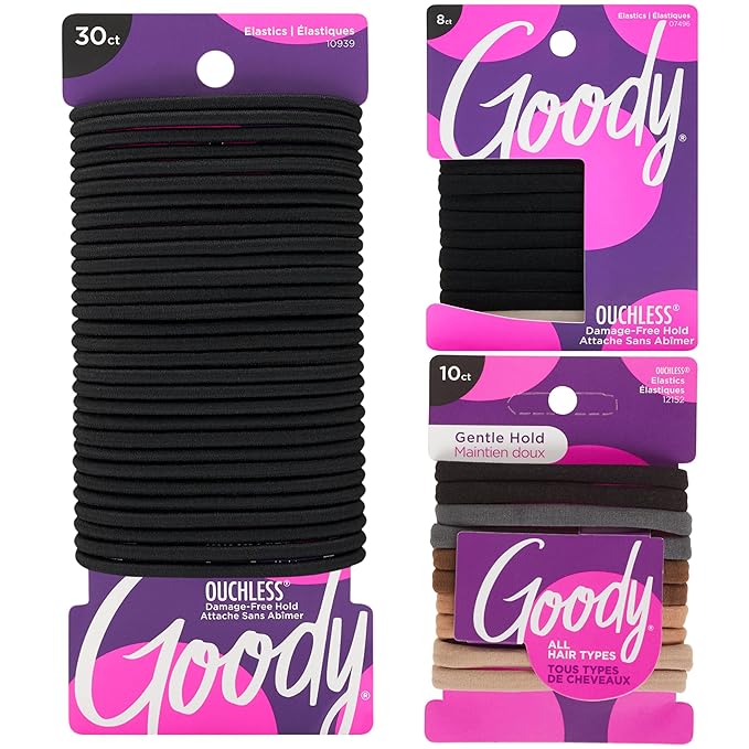 Goody Ultimate Daily Elastics Kit 48-Count | Ouchless No-Damage Hair Ties for Women & Men | 30 Black Elastics + 10 Neutral Seamless + 8 Black Seamless Ponytail Holders for All Hair Types