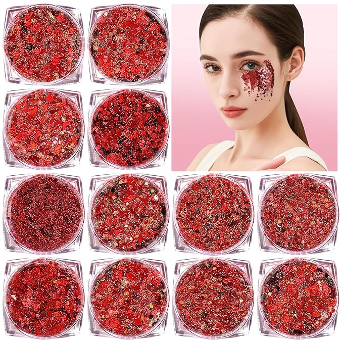 Body Glitter Face Glitter, Hair Glitter for Kids, 12 Shapes Fine Chunky Glitter Gel for Women Girls Makeup Sparkles Party Mermaid Sequins Rave Accessories Singer Concerts Festival (Red Scheme)