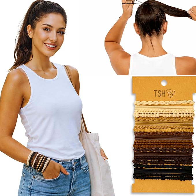 Boho Hair Ties, 20-Pack (4 Styles) Cute Elastic Bands for Thick or Thin Hair, No-Damage Stretch Bracelets, Brown Hair Accessories for Women & Girls (Bonfire Glow)