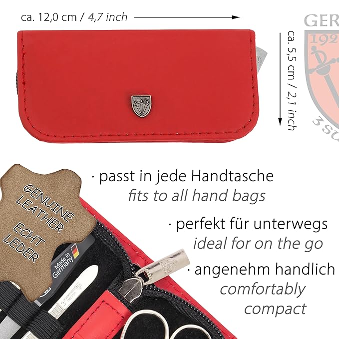 3 Swords Germany - brand quality 5 piece manicure pedicure grooming kit set for professional finger & toe nail care scissors clipper genuine leather red case in gift box, Made in Germany