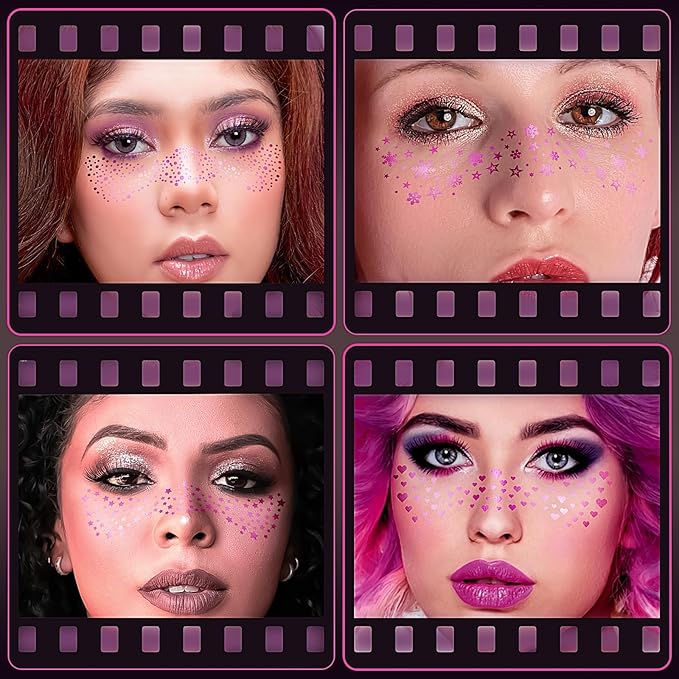 Face Glitter Makeup Patches, Face Glitter Freckles Face Tattoo, Sparkle Freckles Temporary Tattoo, Hot Pink Face Speckles Patches, Sweatproof Waterproof Fake Freckles for Women 6 Sheets