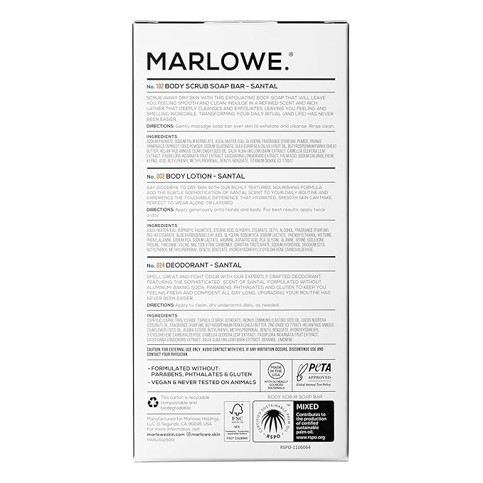 MARLOWE. Men's Grooming Santal Body Set, Features No. 102 Scrub Soap Bar, No. 024 Deodorant & No. 002 Body Lotion, Warm Amber, Sandalwood & Citron Scent