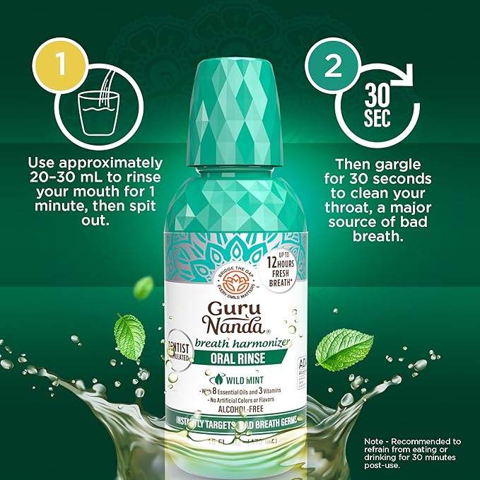 GuruNanda Fresh Breath Mouthwash, ADA-Accepted, Alcohol & Fluoride-Free, Sodium Chlorite, Essential Oils & Vitamins, 12-Hrs Fresh Breath, Wild Mint, 16 oz