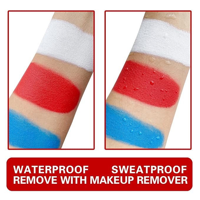 MEICOLY Red White Blue Face Body Paint Set,4th of July Accessories,4th of July Face Paint,4th of July Outfits for Women,Patriotic Independence Day Pride Face Paint with Painting Brushes and Sponges