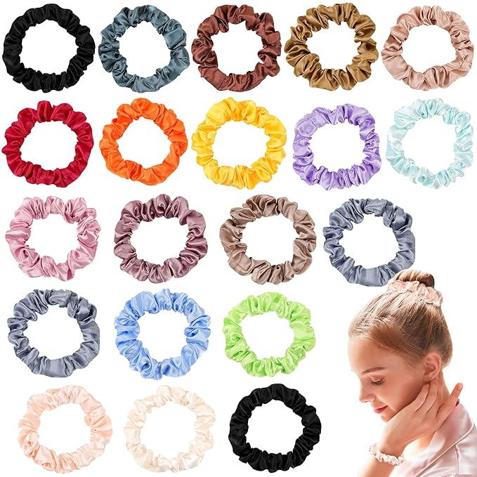 Satin Silk Hair Ties Small Scrunchies for Women Girls Ponytail Holders 20 Pcs Mini Bulk Scrunchies Elastic Hair Bands for Thick Curly Hair Pony Tails Hair Ties