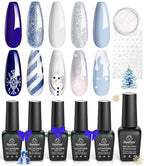 Beetles Christmas Gel Nail Polish Set 5 Winter Colors Dark Blue Glitter White Light Blue Silver Gel Polish with Sealing Gel Sugar Dust Powder Nail Sticker UV LED Needed Gifts for Women Sparkling Snow