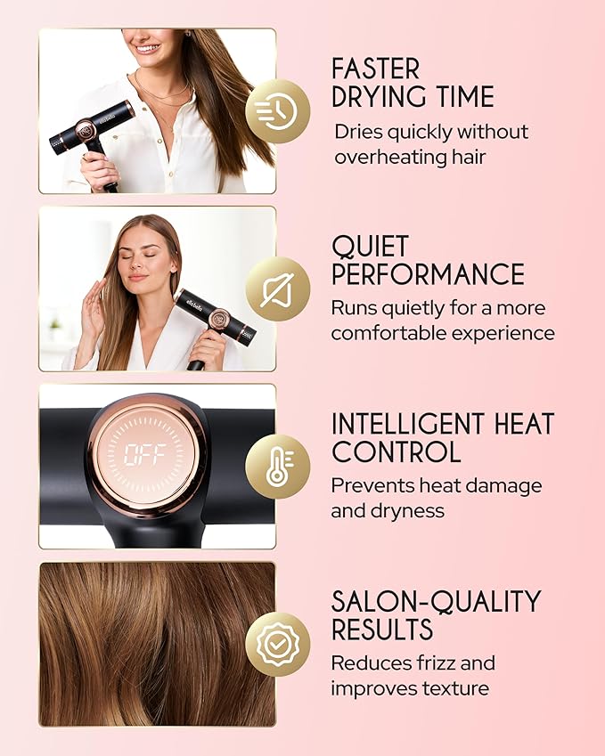 ELLA BELLA® Professional Ionic Hair Dryer with Diffuser • Negative Ion Blow Dryer • Suitable All Hair Types • Intelligent Heat Control & Rapid Drying Speeds • Lightweight Design • Low Noise Technology