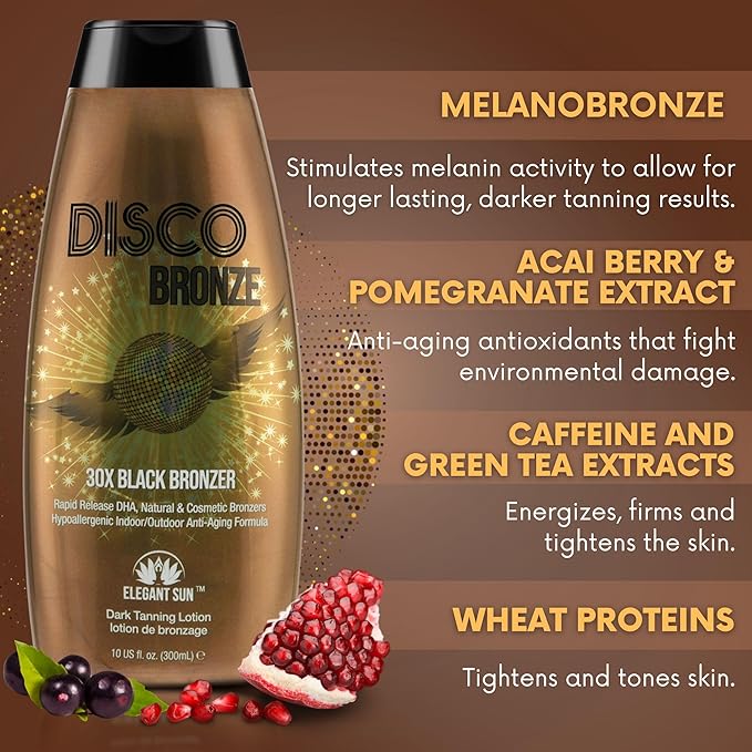 Disco Bronze Tanning Lotion with Bronzer – Bronzing Accelerator 30X DHA Indoor/Outdoor Tanning Bed Lotion for Men & Women, DHA Self Tanner, Skin Firming Ingredients, Hypoallergenic, Get Dark Fast