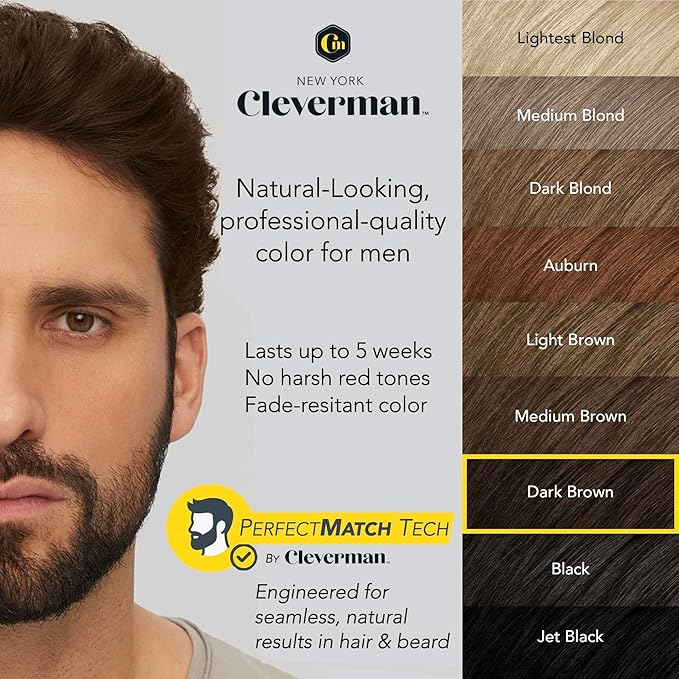 Cleverman Dark Brown Hair & Beard Dye Kit for Men - Natural-Looking Gray Coverage, Professional-Quality, Ammonia-Free for Hair, Beard & Mustache