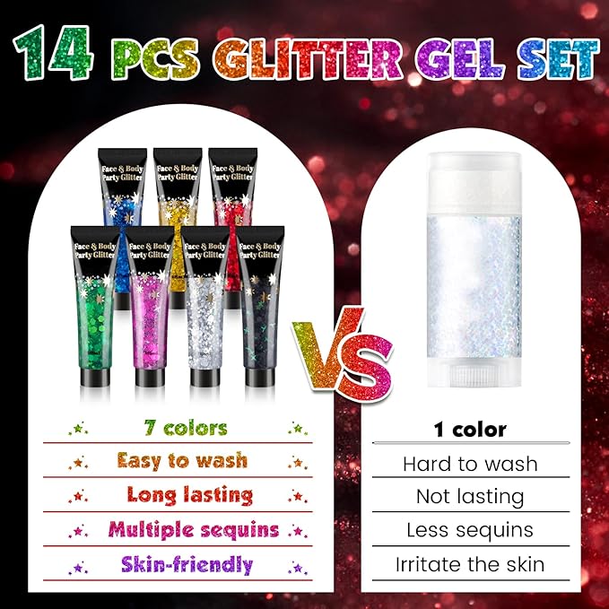 AROIC Face Glitter, 14Pcs Body & Hair Glitter Gel Sparkle Makeup for Women Party Rave Outfits, Concerts Festival Face Paint，Rave Accessories for Music Festivals Black Light Party (7 Colors)