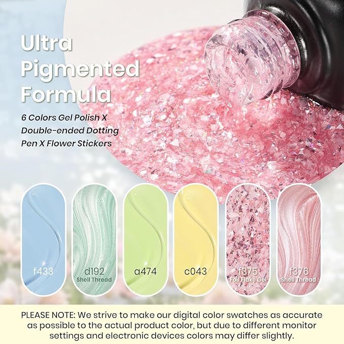 Beetles Christmas Gel Nail Polish - Pastel Scenery By the Lake Soak Off UV LED Gel Polish, 6 Colors Pink Green Yellow Drawing Swirl Shell Thread Effect Nails DIY Manicure Gifts for Women