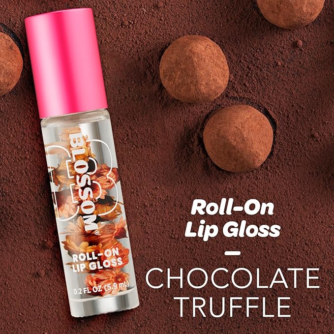Blossom Roll on Lip Gloss, Gourmand Scented Clear High Shine Moisturizing Lip Oil, Non Sticky, Infused with Real Flowers, Made in USA, 0.2oz, Chocolate Truffle