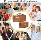 Birthday Gifts for Women Teen Girl, Personalized Initial Makeup Organizer Bag Set, Open Flat Travel Cosmetic Bag With Clear Divider and Handle(Brown,N)