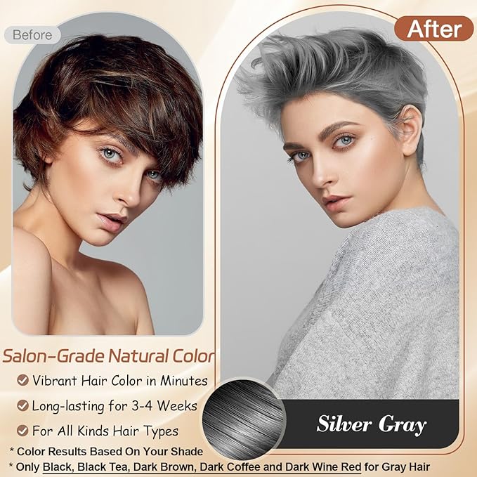 Instant Silver Gray Hair Dye Shampoo for Vibrant Hair Color, Natural Herbal Hair Color Shampoo Hair Dye, 3 in 1 Coloring & Care Formula Lasts 3-4 Weeks, Easy & Quick to Use for Women Men, 500ML