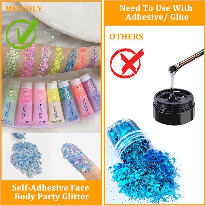 MEICOLY Chameleon Mermaid Blue Body Glitter,Chunky Face Glitter for Halloween,Color Changing Mermaid Glitter Face Paint,Glitter Sequins for Face Body Hair,Festival Party Cheer Glitter Makeup