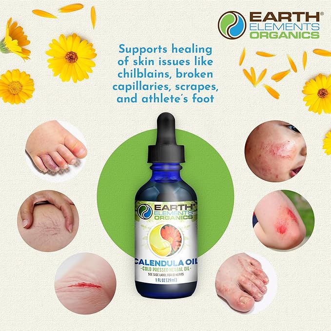 Calendula Oil with Sunflower Oil, Herbal Care for Chapped or Damaged Skin, Organic Skincare for All Skin Types - 1 fl oz