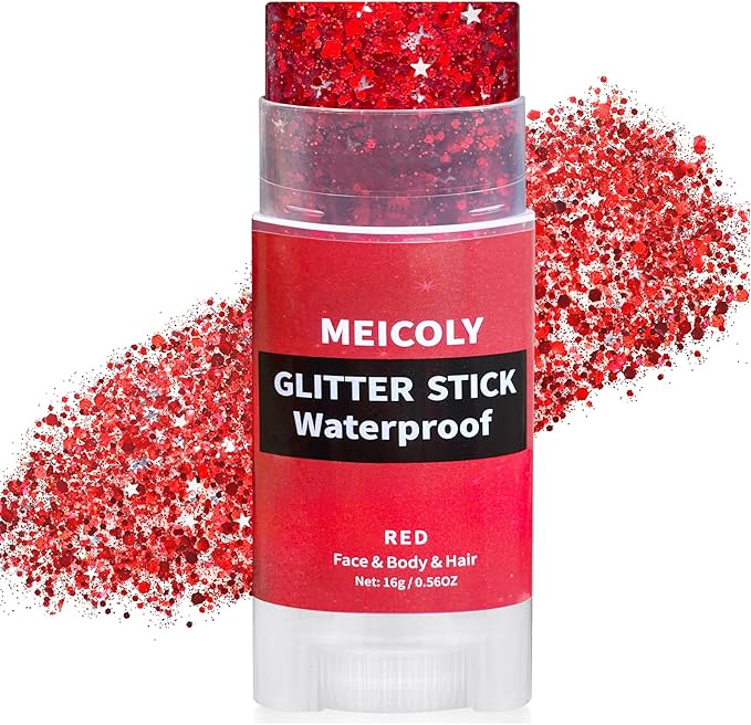MEICOLY Red Face Body Glitter Stick,Hair Glitter Stick for Women,Sparkle Chunky Glitter Makeup for Halloween Mardi Gras,Waterproof Face Glitter for Party Rave Festival