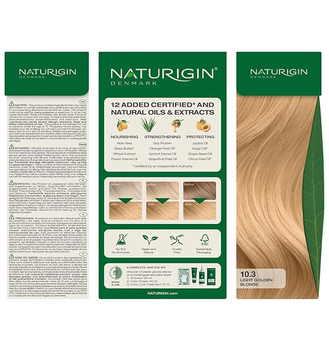 Naturigin Permanent Hair Color, 10.3 Light Golden Blonde, Ammonia Free, 100% Gray Coverage, Nourishing Natural Formula, For All Hair Types, Long-Lasting, Vegan & Cruelty-Free, 1 Pack