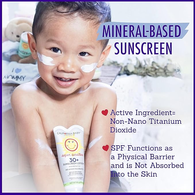 California Baby Super Sensitive SPF 30+ Sunscreen | Unscented | Mineral Based | Titanium Dioxide | Travel Size Baby Sunscreen for Face + Body | 2.9oz