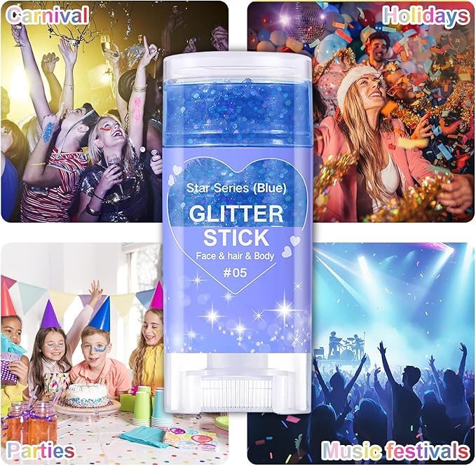 Blue Body Glitter Stick, Halloween Face Glitter Makeup,Holographic Hair Glitters Mermaid Makeup Rave Outfits for Women, Shimmer Face Paint Stick for Christmas (Blue)