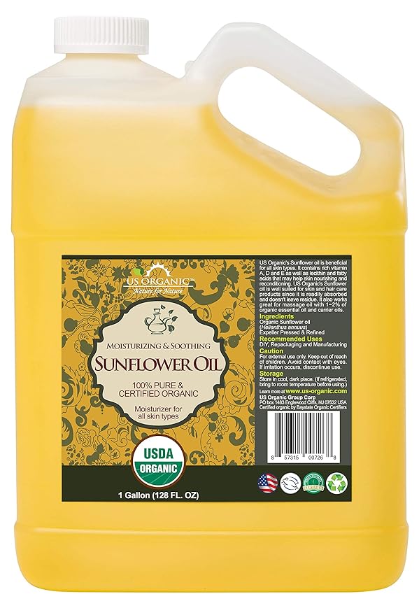 US Organic Sunflower Carrier Oil Bulk Pack, USDA Certified Organic,100% Pure & Natural, Expeller Pressed, for Massage, Aromatherapy or Small Manufacturing, 1 Gallon (128 Ounce)